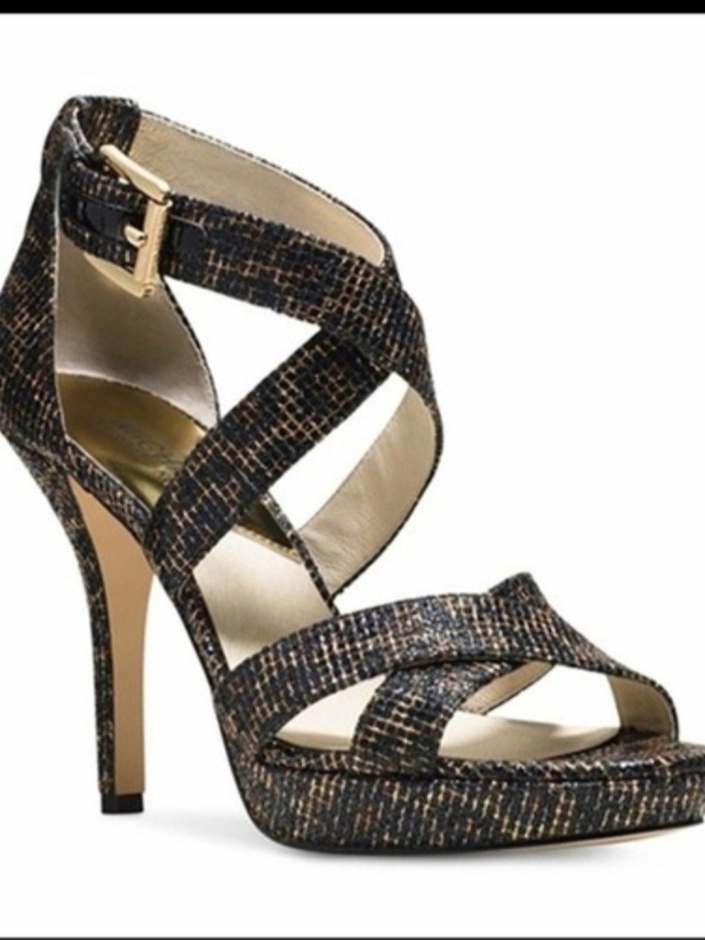 Michael Kors Evie Sparkle Black & Gold Cheetah Strap Platform Heels, Size 9.5